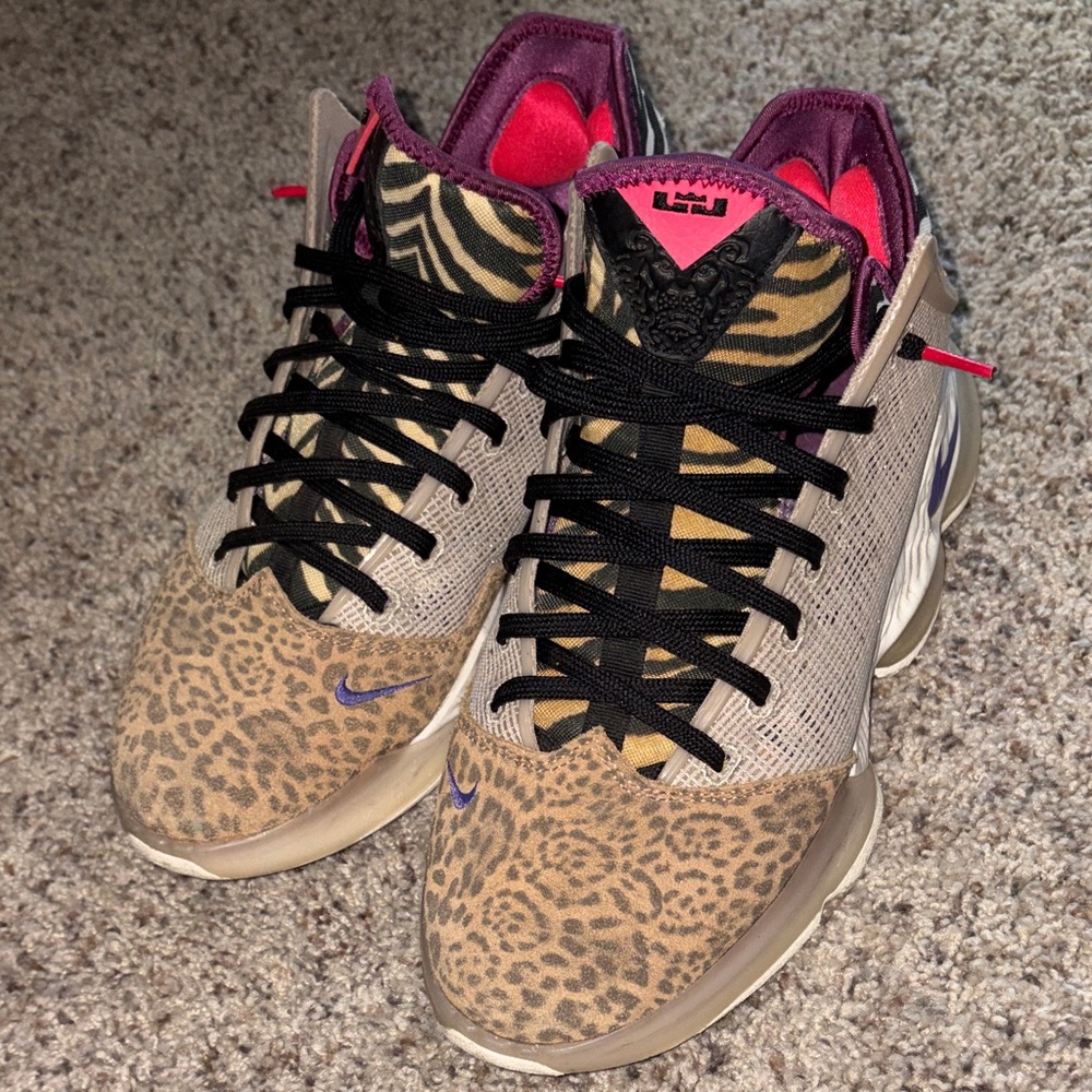 Nike Animal-Print Basketball Shoes - Tan/Black/Purple Accents
